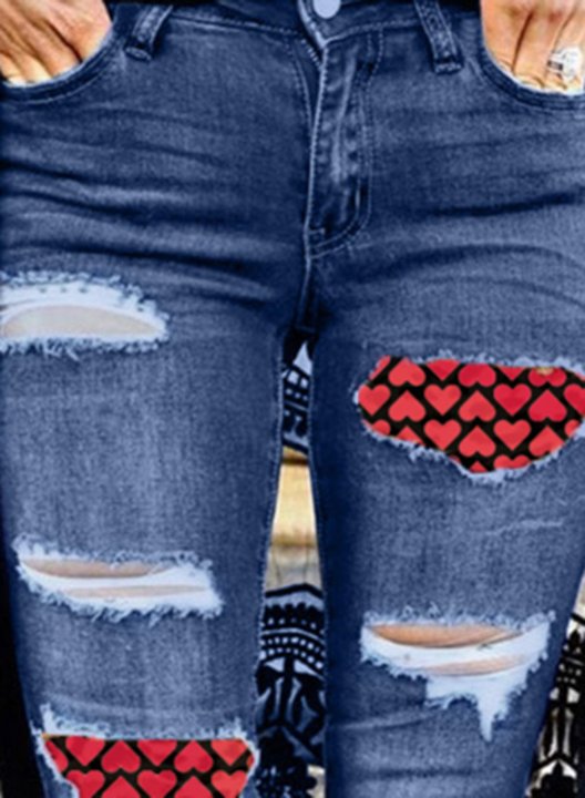 Women's Jeans Slim Mid Waist Daily Ankle-length Casual Heart-shaped Patchwork Jeans