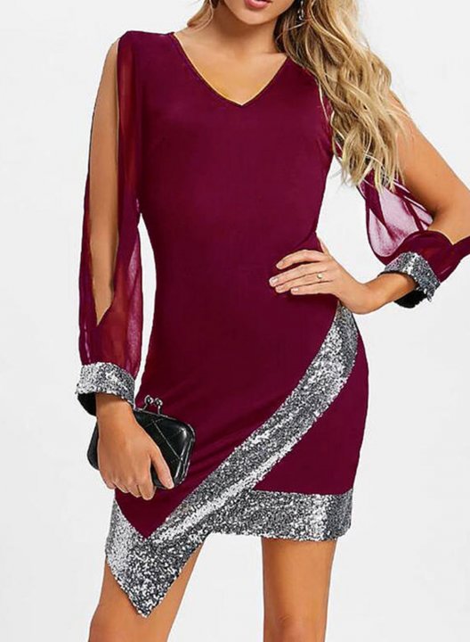 Women's Dress Color Block Sequin V Neck Bodycon Party Date Cut-out Mini Dress