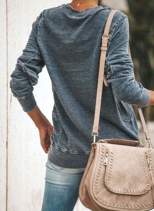 Solid Round Neck Long Sleeve Basic Sweatshirt