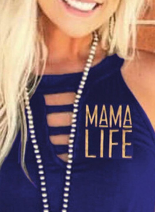 Women's Mama Life Letter Print Tank Tops Sleeveless Round Neck Casual Cut-out T-Shirt Tank