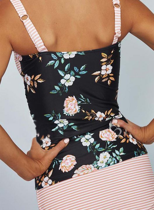 Women's Tankini Sets Floral Striped Mid Waist Spaghetti Beach Tankini Sets