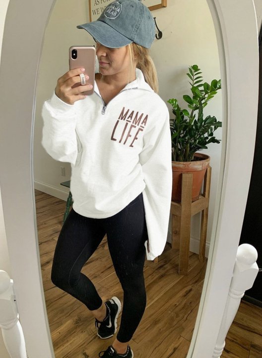 Solid Long Sleeve Letter V Neck Zip Front Sweatshirt