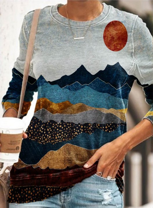 Women's Sweatshirt Mountain Landscape Print Long Sleeve Round Neck Casual T-shirt