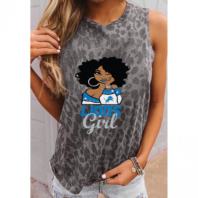 Detroit Lions Round Neck sleeveless Leopard Print T-Shirt