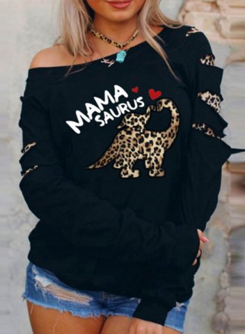 Women's Sweatshirt Mama Saurus Print Letter Long Sleeve Cold Shoulder Cut-out Pullover