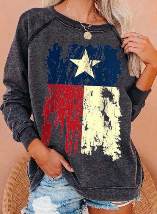 Women's Sweatshirts Texas Flag Print Festival Long Sleeve Round Neck Casual Sweatshirt