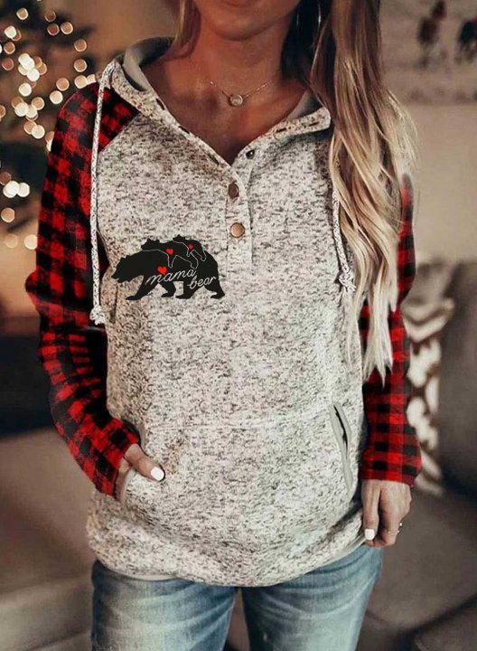 Women's Hoodies Plaid Mama Bear Print Long Sleeve Button Pocket Hoodie