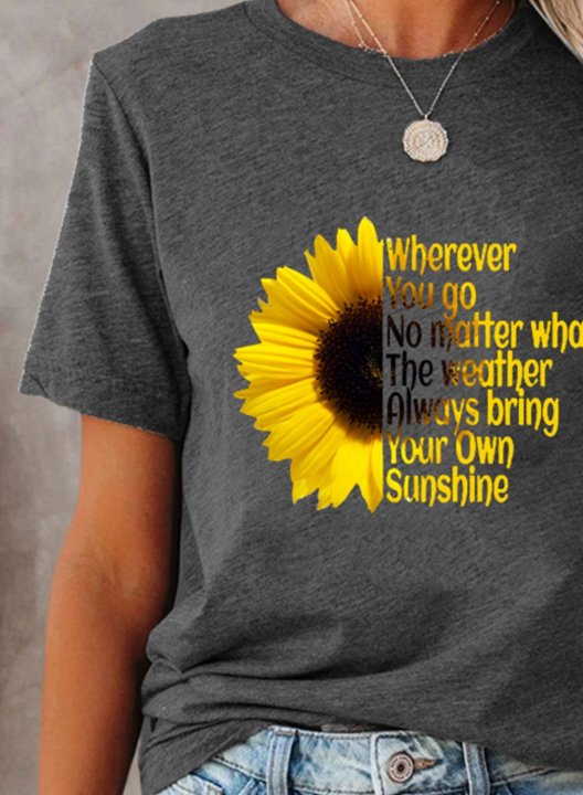 Women's T-shirts Sunflower Letter Print Short Sleeve Round Neck Daily T-shirt