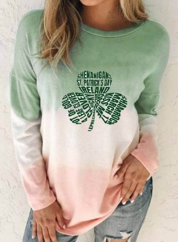 Women's St Patrick's Day Sweatshirts Color Block Clover Gradient Print Long Sleeve Round Neck Sweatshirt