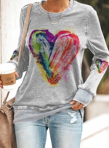 Women's Heart Print Sweatshirt Solid Long Sleeve Round Neck Casual T-shirt