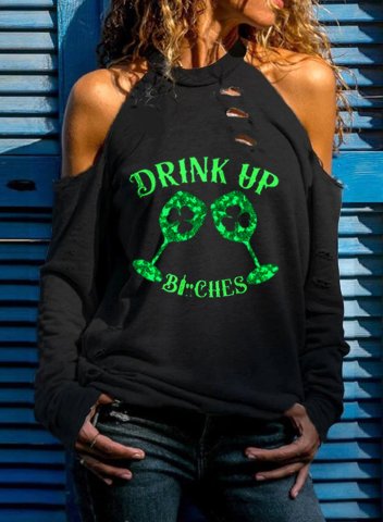 Women's St Patrick's Day T-shirts Drink up Bitches Sequin Round Neck Long Sleeve Casual Daily T-shirts