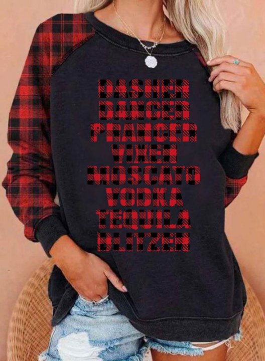 Women's Sweatshirts Plaid Print Long Sleeve Round Neck Casual Sweatshirt