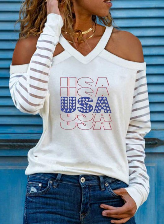 Women's USA Print White Sweatshirt Solid Long Sleeve V Neck Daily Casual T-shirt