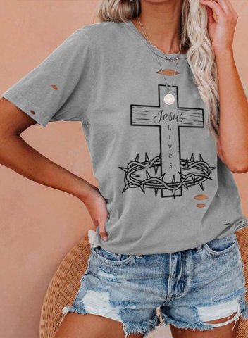 Women's T-shirts Solid Letter Round Neck Short Sleeve Casual Daily T-shirts