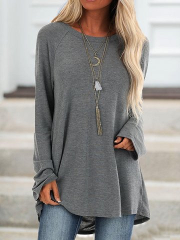 Gray Cotton Casual Crew Neck Solid Shirts & Tops