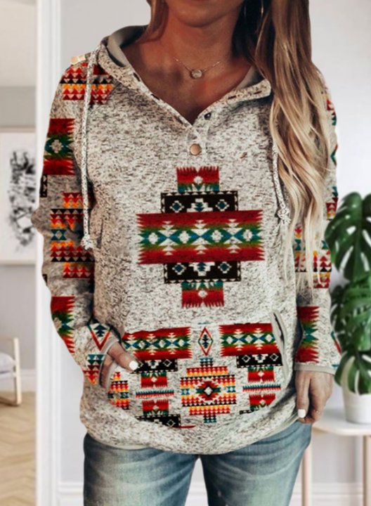 Women's Ethnic Style Geometric Aztec Hoodies Long Sleeve Daily Button Pocket Drawstring Hoodie