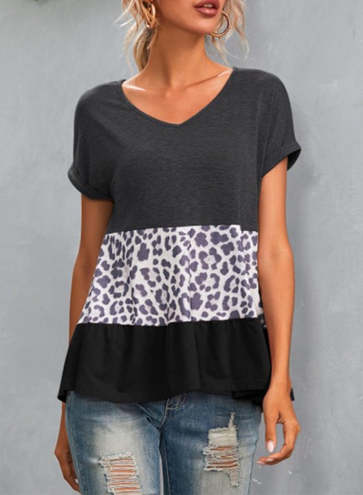 Women's T-shirts Letter Leopard Color Block V Neck Short Sleeve Casual Daily Ruffle T-shirts