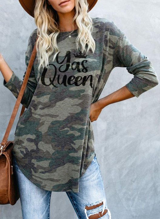 Camouflage Long Sleeve Lip Print Crew Neck Tunic Sweatshirt