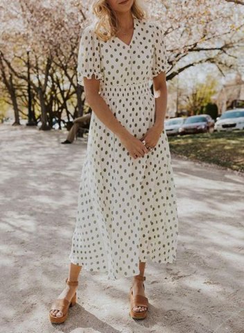 Women's Midi Dresses Polka Dot Short Sleeve V Neck Dress
