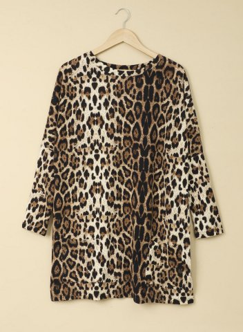 Leopard Round Neck Long Sleeve Tunic Sweatshirt