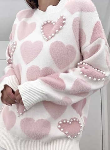 Women's Sweaters Color Block Heart-shaped Pearl Round Neck Long Sleeve Knitted Daily Date Sweater