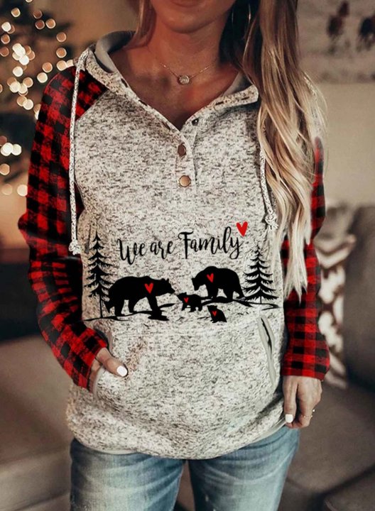 Women's 'we are family' Christmas Hoodies Drawstring Long Sleeve Plaid Hoodies With Pockets