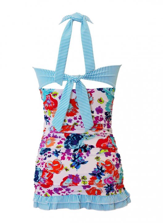 Women's Tankini Sets Floral Open Back Ruched Halter Tankini Top With Mid Waist Bottom Tankini Set