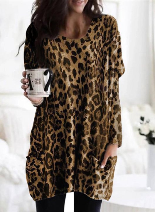 Leopard Round Neck Long Sleeve Tunic Sweatshirt