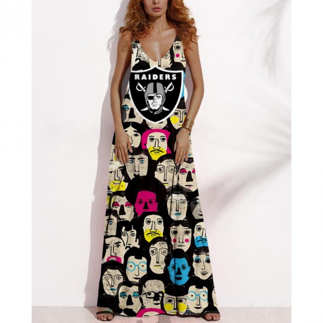 Women's Summer LAS VEGAS RAIDERS Fan Print V-neck Sleeveless Loose Long A-line Dress