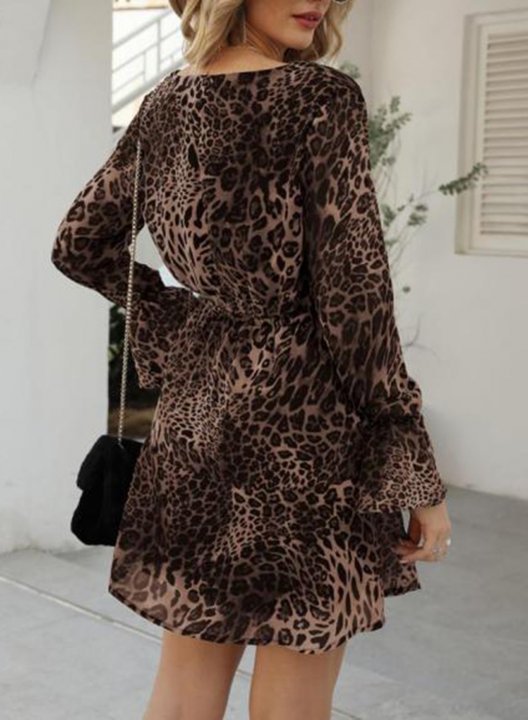 Women's Mini Dresses Fashion Leopard Long Sleeve A-line V Neck Daily Vintage Criss Cross Ruffle Dress