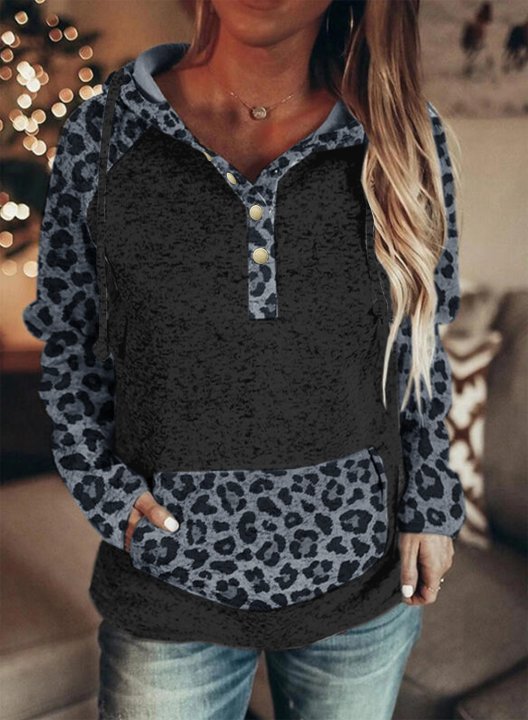 Color Block Leopard Long Sleeves Hoodie