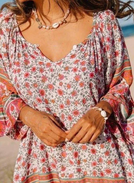 Women's Mini Dress Tribal Floral Fit & Flare 3/4 Sleeve V Neck Casual Beach Mini Dress