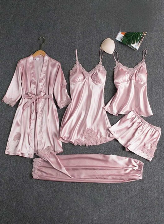 Women's Loungewear Sets Solid Floral Lace 4-Piece Loungewear Set