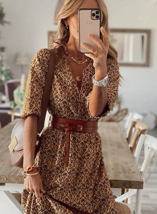 Women's Maxi Dresses Geometric Half Sleeve V Neck Boho Belt Maxi Dress