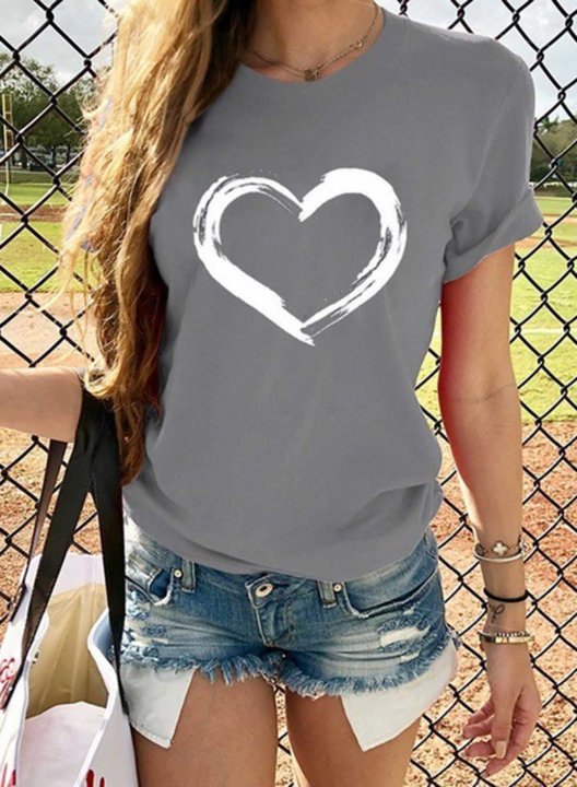 Women's T-shirts Heart-shaped Print Short Sleeve Round Neck Daily T-shirt