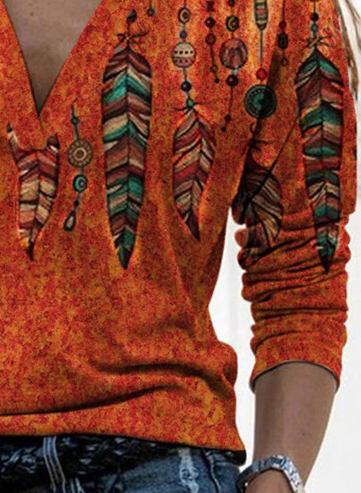 Women's Blouses Color Block Tribal Long Sleeve V Neck Daily Sequin Blouse