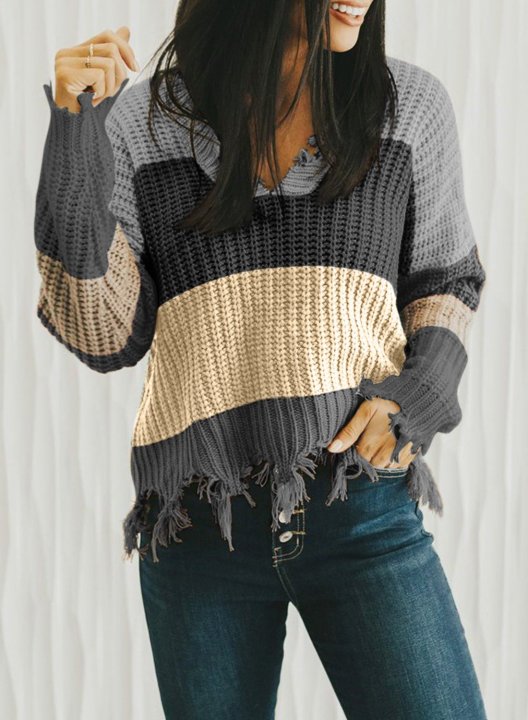 Women's Sweaters Casual Striped Distressed Sweaters