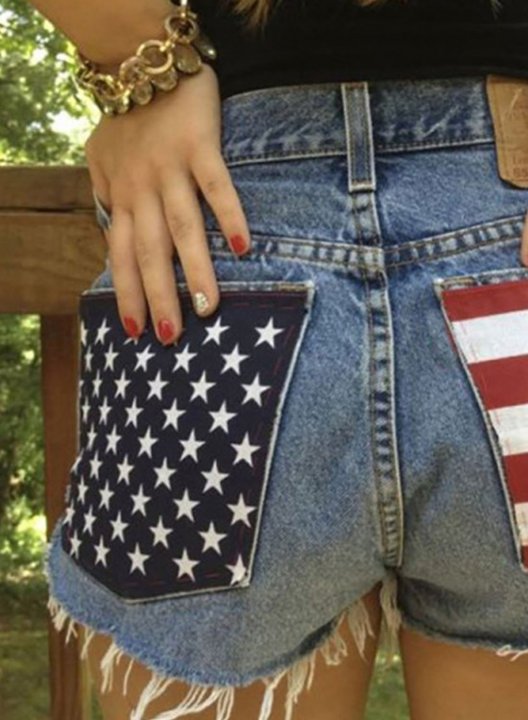 Women's Shorts Color Block American Flag Straight High Waist Denim Shorts