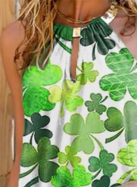 Women's St Patrick's Day Mini Dresses Clover Print Sleeveless A-line Halter Beach Dress