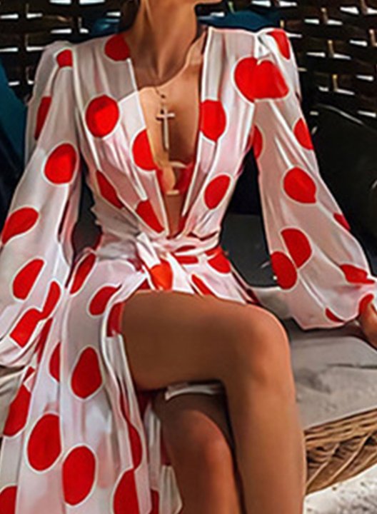 Women's Maxi Dress Polka Dot Color Block A-line Long Sleeve V Neck Knot Summer Vacation Casual Beach Maxi Dress