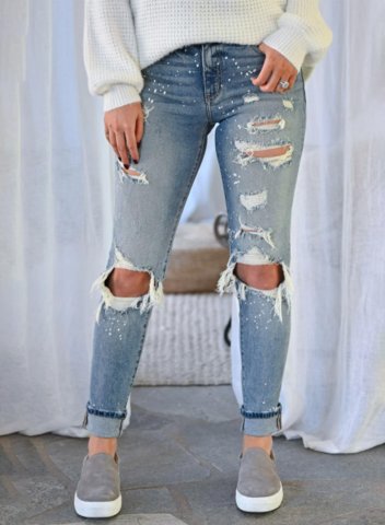 Women's Torn Jeans Slim Solid Cut-out Mid Waist Full Length Casual Daily Torn Jeans