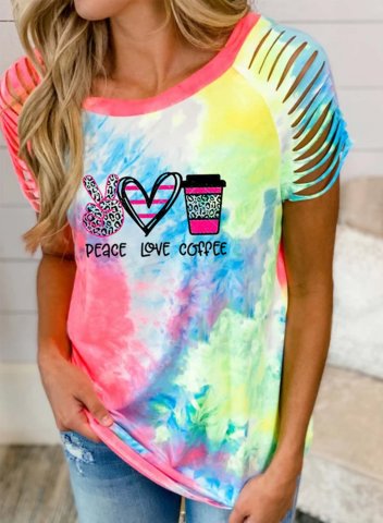 Women's T-shirts Multicolor Tie Dye Heart-shaped Peace Love Coffee Print Cut-out Short Sleeve Round Neck Daily T-shirt