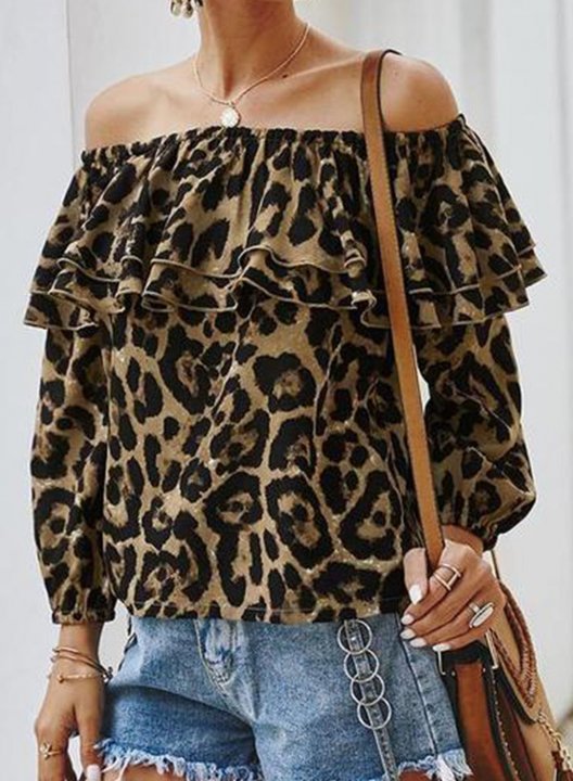 Women's Blouses Leopard Long Sleeve Off Shoulder Ruffle Daily Blouse