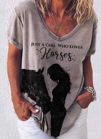 Women's T-shirts Portrait Horse Print Short Sleeve V Neck Daily T-shirt