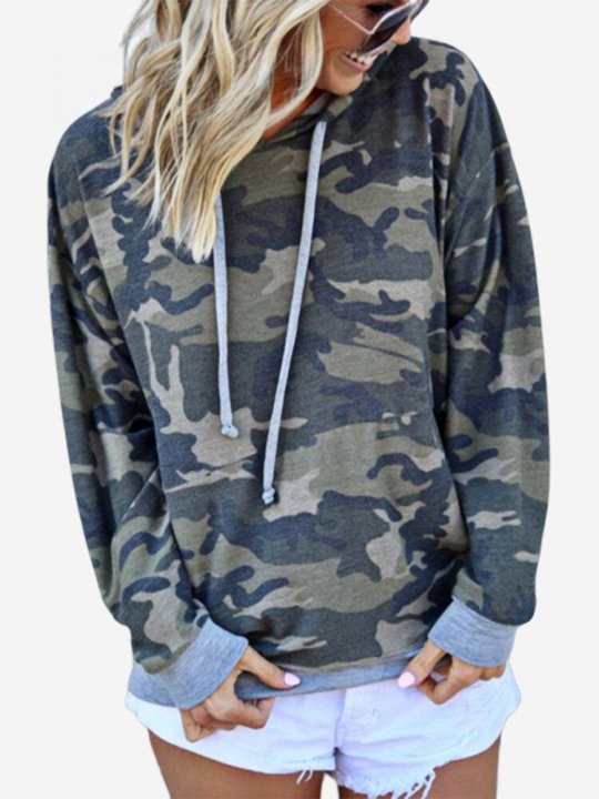 Camouflage Patchwork Long Sleeve Casual Hoodie For Women