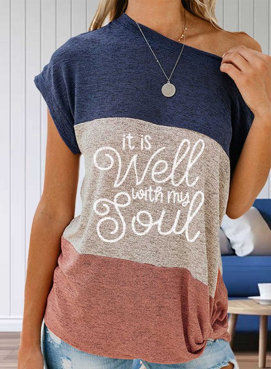 Women's It Is Well With My Soul T-shirts Color Block Letter Short Sleeve Round Neck T-shirt