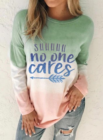 Women's Sweatshirt Shhh No One Cares Letter Print Color-block Long Sleeve Round Neck Casual T-shirt
