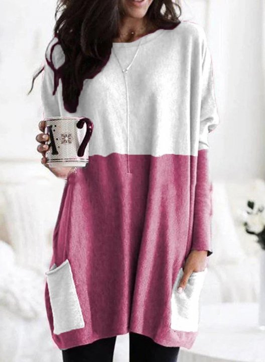 Women's Top Color Block Long Sleeve Crew Neck Tunic Sweatshirt