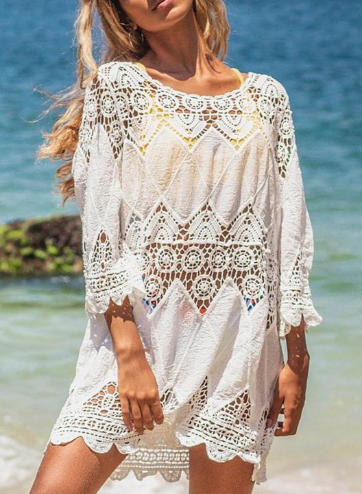 Women's Smocks Cut-out Solid 3/4 Sleeve Shift U Neck Beach Boho Smock