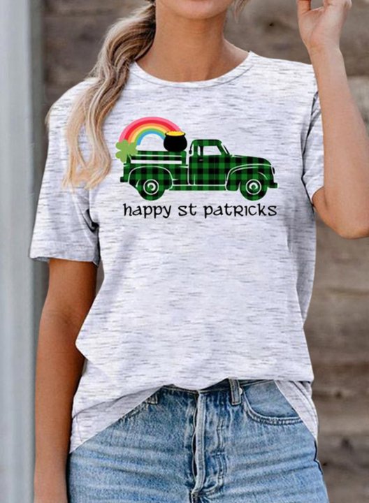 Women's T-shirts Plaid Letter Saint Patrick's Day Short Sleeve Round Neck Casual T-shirt